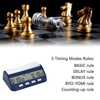 Digital Chess Clock Timer, 5-in-1 Multifunction Portable Competition Specific Chess Clock, Professional Board Game Timer with Bonus & Delay Count Down up ON Off Alarm