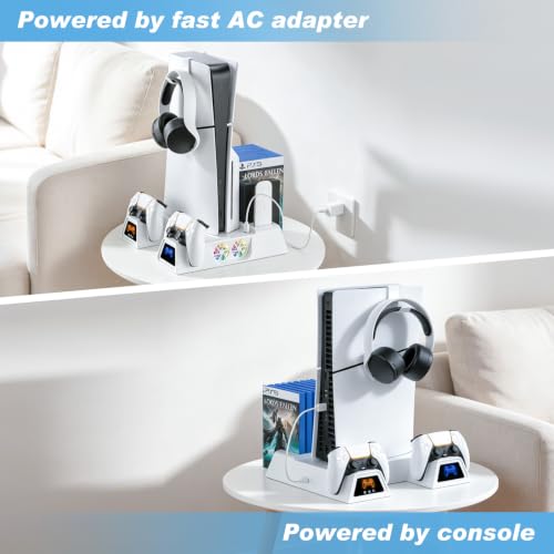 LENISUOLE PS5/Slim/Pro Stand and Cooling Station, with 3 Level Cooler Fan for PlayStation 5 Disc Digital Console, LED Dual Controller Charging Station, Headset Holder, Game Slot White - color: White