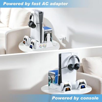 LENISUOLE PS5/Slim/Pro Stand and Cooling Station, with 3 Level Cooler Fan for PlayStation 5 Disc Digital Console, LED Dual Controller Charging Station, Headset Holder, Game Slot White - color: White