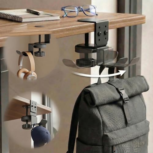 Headphone Stand Holder for Desk, Carbon Steel Under Desk Headphone Hanger, 360° Rotating Backpack Hook Clamp, Adjustable Height Gaming Accessories for Table Thickness up to 2.68 Inch, Black
