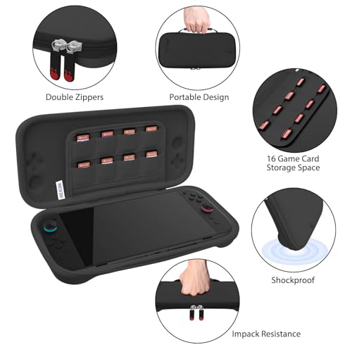 RAVEtone Travel Carrying Case Compatible with Nintendo Switch 2 Model 2025, Ultra Slim Premium EVA Portable Hard Shell Pouch Waterproof Game Bag with 16 Game Cartridge Accessories (Black) - color: Black, style: Slim