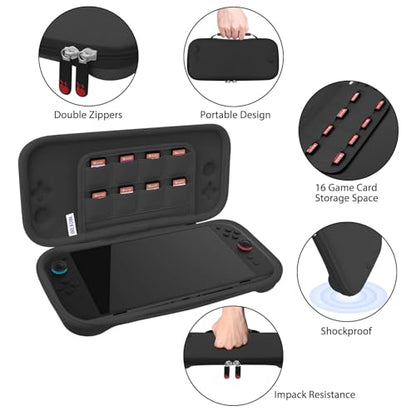 RAVEtone Travel Carrying Case Compatible with Nintendo Switch 2 Model 2025, Ultra Slim Premium EVA Portable Hard Shell Pouch Waterproof Game Bag with 16 Game Cartridge Accessories (Black) - color: Black, style: Slim