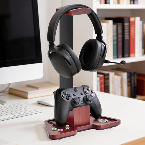 Headphone Holder Stand for Desk, Wood and Metal Headset Hanger Mount Hook Gaming Holder Desktop Earphone Artful Functional Craftsmanship Stand for All Headsets with Solid Wooden Base