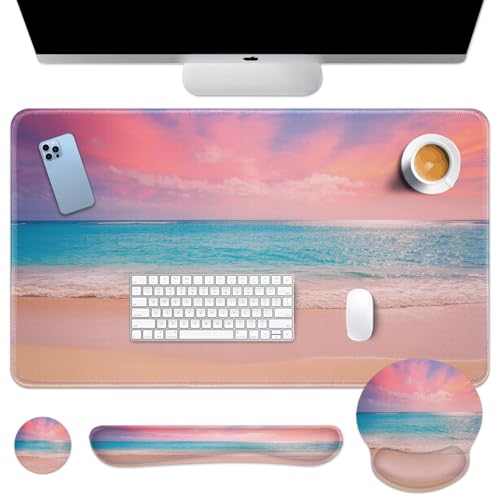 Arttown Pink Blue Sky Desk Mat Turquoise Ocean Mouse Pad Set 4 in 1 Dusk Beach Ergonomic Design Large Desk Pad + Keyboard Wrist Rest + Mouse Wrist Rest + Coaster Suitable for Home Office Study Game - color: Pink Blue Sky
