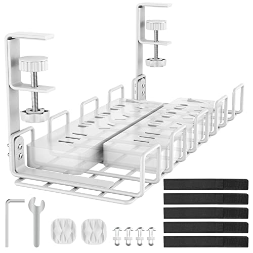 Under Desk Cable Management Tray No Drill Steel 15.7" | No drill steel desk cable tray. 15.7x6.3" wire organizer. Clamp mount under desk management rack for cords and wires - color: White