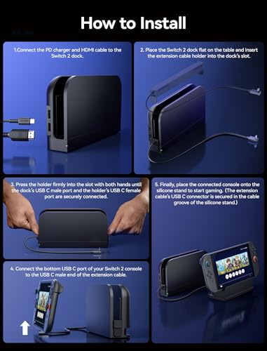JSAUX Extender Cable with Stand for Switch 2 Dock, 35cm USB C Extension Cable for Thick Protective Cases, Fast Charging, 10Gbps Data, 4K@60Hz Video Output, 1:1 Dock Function Restore, Passive Cooling