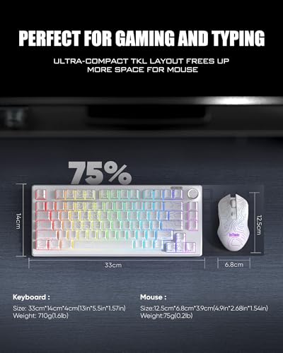 RedThunder K75 Wireless Keyboard and Mouse Combo,75% Membrane Side-Engraved Keyboard,Optical Gaming Mouse with 4800DPI,3 Modes(BT/2.4G/Wired),Dual System,RGB Backlit,Rechargeable Battery,Contour White - color: White Contour Line