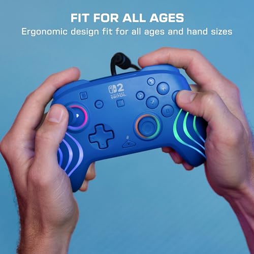 Turtle Beach Afterglow Wave Wired RGB Gaming Controller, Nintendo Switch 2 | Switch Lite, OLED, Hall-Effect Thumbsticks, 2 Mappable Back Buttons, Audio Controls, C-Button for GameChat, RGB Lights, Blue - color: Blue