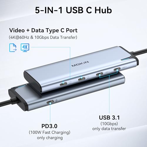 MOKiN USB C Dual Monitor Hub with 2 DP,100W PD for Laptops/Monitors | USB C Splitter/DP Alt Mode Video Output/PD 3.0 100W Charging Port/10Gbps USB 3.1/2 monitors for office,gaming