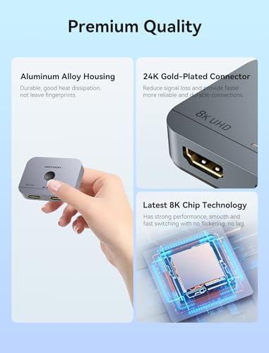 VENTION 8K HDMI Switch 2 in 1 Out, HDMI Switch 4K 120Hz with LED Indicators/HDMI 2.1 Switch/HDMI 2 in 1 Out Switcher Support 8K 4K 3D HDR for Xbox PS5/4/3 Blu-Ray TV/Player/Laptop PC - color: 8K
