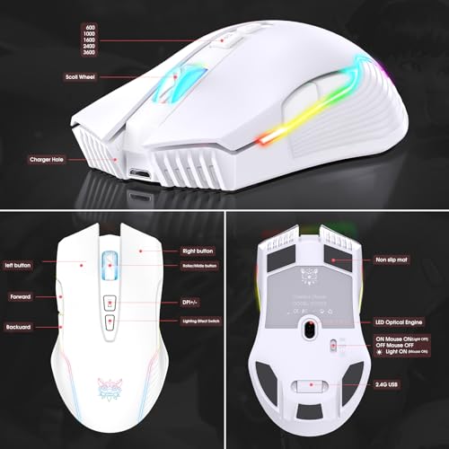 PHNIXGAM RGB Backlight Rechargeable Wireless Gaming Mouse for PC, White | Ergonomic mouse, up to 3600 DPI, 7 non-programmable buttons, works with Vista/Linux/Mac, 2.4G USB included