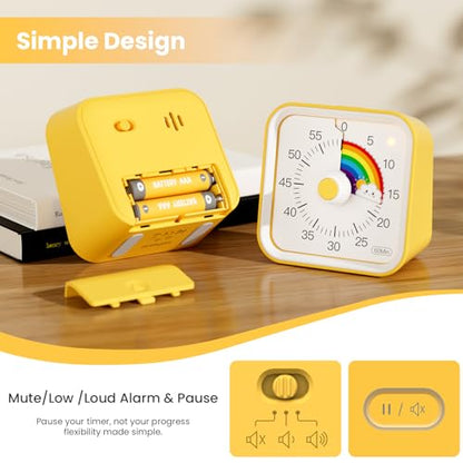 Visual Timer for Kids, Rainbow Timer with Pause Function, Yellow | Cute Silent Timer for Classroom, ADHD, Kitchen, Toddlers, Study, Alarm 3 Volume Levels, Light Indicator, Easy to Use - color: Rainbow Yellow