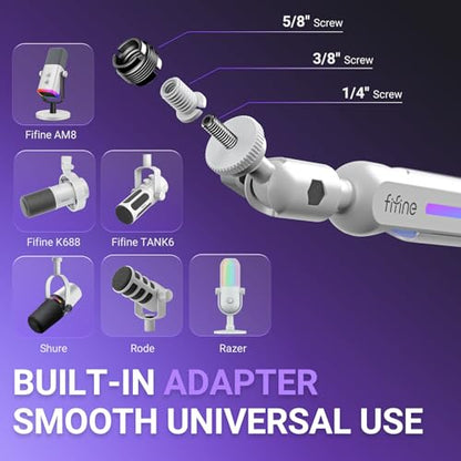 FIFINE BM88ProW RGB Low Profile Microphone Boom Arm for Gaming Streaming | Rotatable Desk Mount Mic Stand, Cable Management, RGB Control for Podcast, - color: white