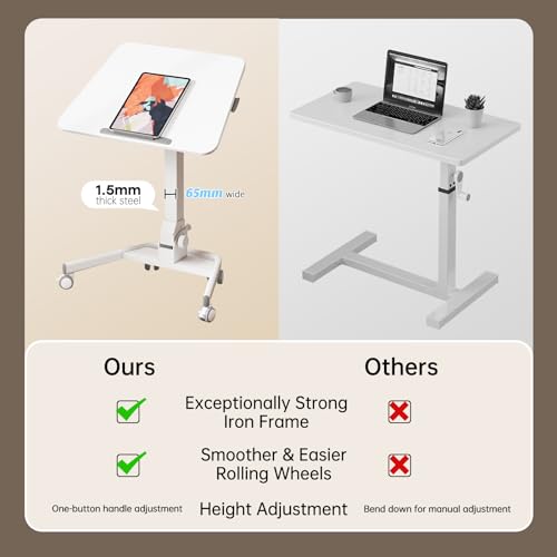 Foldable Mobile Standing Desk, Rolling Laptop Cart, White | 29.9"-42.9" Height Adjustment, Easy to Fold, Portable Standing Desk on Wheels, Folding Desk for Compact Space - color: White
