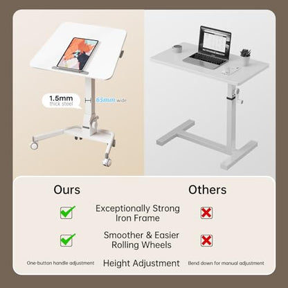 Foldable Mobile Standing Desk, Rolling Laptop Cart, White | 29.9"-42.9" Height Adjustment, Easy to Fold, Portable Standing Desk on Wheels, Folding Desk for Compact Space - color: White