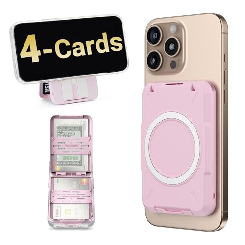 PROfezzion Double Sided Magnetic Wallet 4-Card Holder for MagSafe iPhones | Pink, RFID Blocking, Locking Latch, Kickstand, Fits MagSafe Mount Stand Grip for iPhone 17 16 15 14 13 12 Pro Max & More - color: Pink