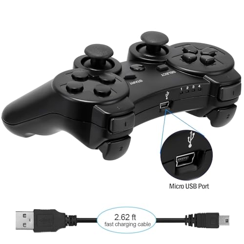 Diswoe Controller for PS-3, Wireless Bluetooth Controller Gamepad Joystick, Double Vibrating Controller for Play_station 3 with Charger Cable Cord Thump Grips