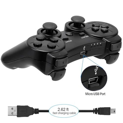 Diswoe Controller for PS-3, Wireless Bluetooth Controller Gamepad Joystick, Double Vibrating Controller for Play_station 3 with Charger Cable Cord Thump Grips