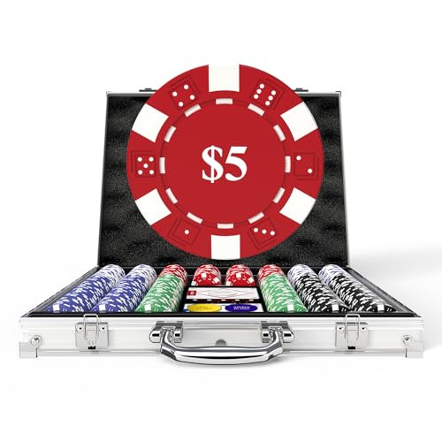 HEITOK 500pc Poker Chip Set 11.5g Iron Core Denominations Texas Holdem | 2-10 players, numbered values 1/5/25/100/500, aluminum case, cards, dice, dealer/small/big blind buttons, Blackjack - size: 500 numbered chips set