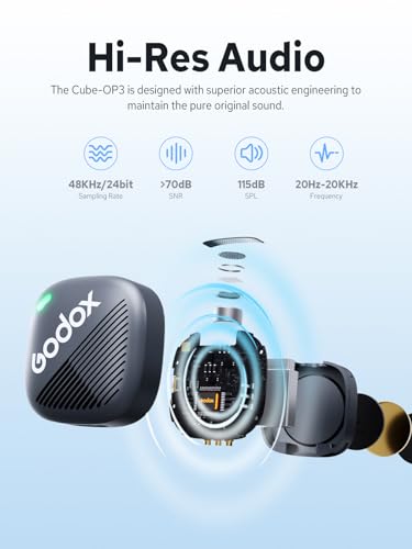 GODOX Cube-OP3 Wireless Lavalier Microphone System | 48kHz 24비트 고해상도, 소음 감소, 18W 고속 충전, DJI Osmo 포켓 1.114m 범위, USB-C TX 및 RX 카메라 폰 PC용