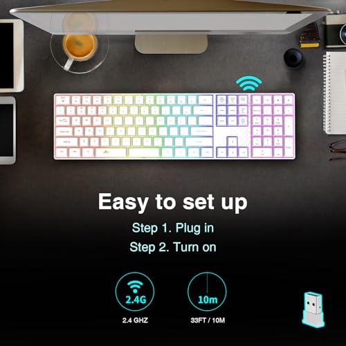 POWZAN Wireless Backlit Keyboard Quiet - Computer Rechargeable Ergonomic Light UP Keyboard, Silent Keys Full Size Compatible for Windows, Desktop, Laptop, PC, Gaming, PS5 - White - color: White