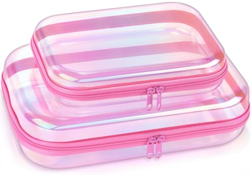 Clear Hard Shell Organizer Cases, 2 Pack | Iridescent PET shell with water-resistant, scratch-resistant surface for travel, toiletries, electronics and daily essentials - color: Pink Iridescent