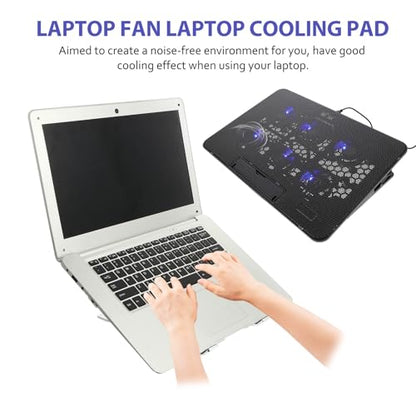 Kisangel Laptop Cooling Pad, 6 Fan Silent Cooler Stand for 15.6 in Notebook | Features blue LED lights, USB powered cooler stand with ergonomic, adjustable height, gaming, office, 14.1 x 10 inches