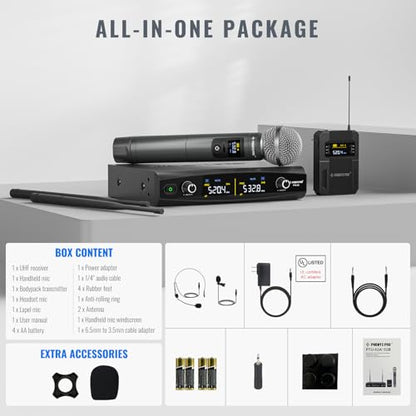 Phenyx Pro Wireless Microphone System,Metal Wireless Mic Set w/Handheld/Bodypack/Headset/Lapel Mics,2 x 30 UHF Frequencies, 200 ft Range, Cordless Mic for Singing, Karaoke, Church (PTU-52-1H1B)