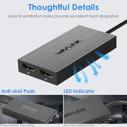WAVLINK USB 3.0 or USB C to Dual HDMI 4K@60hz Splitter Extended Display for Dual Monitor, Displaylink Adapter Two HDMI 4K 60Hz for Apple Mac M1-M5/Macbook Neo or Windows 10/11,Driver Required