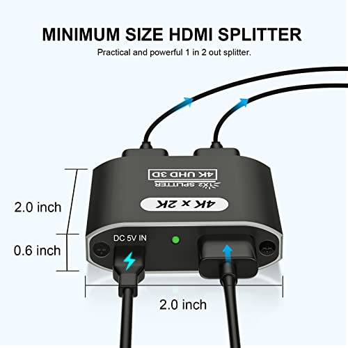 HDMI Splitter 1 in 2 Out, 4K@30Hz HDMI Splitter for Dual Monitors, Aluminum Powered HDM I Spliter for Mirror Screen,1x2 Duplicator Support 3D HD 1080P for Fire Stick Xbox PS Roku Blu-ray Cable Box