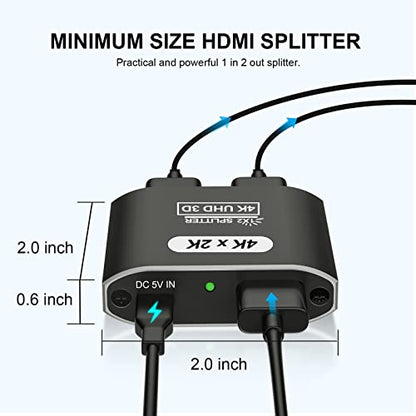 HDMI Splitter 1 in 2 Out, 4K@30Hz HDMI Splitter for Dual Monitors, Aluminum Powered HDM I Spliter for Mirror Screen,1x2 Duplicator Support 3D HD 1080P for Fire Stick Xbox PS Roku Blu-ray Cable Box