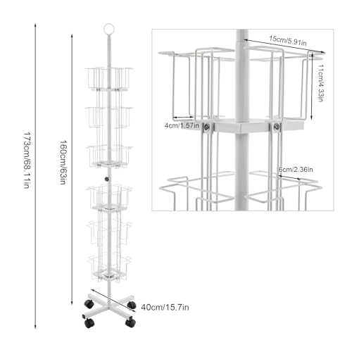 Rotating Greeting Card Rack, 6 Tiers 24 Greeting Card Display Stand Cold Rolled Steel Pocket Rotating Holder Portable Postcard Holder w/4 Universal Wheels for Classrooms Offices Libraries