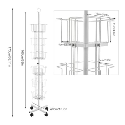 Rotating Greeting Card Rack, 6 Tiers 24 Greeting Card Display Stand Cold Rolled Steel Pocket Rotating Holder Portable Postcard Holder w/4 Universal Wheels for Classrooms Offices Libraries