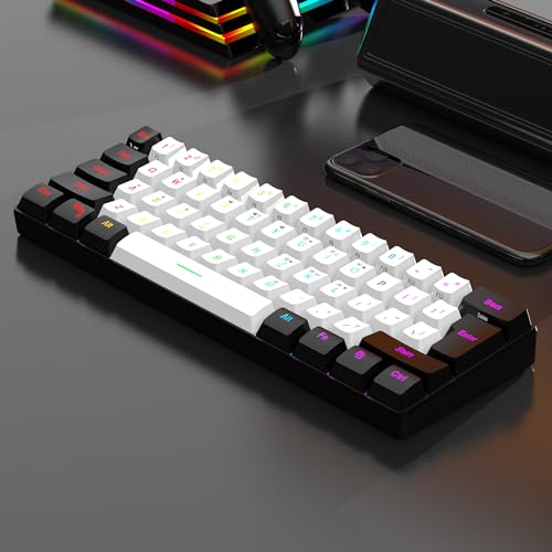 7KEYS 60% Wired Mini Gaming Keyboard, 14+ Mode RGB Light up, 25 Keys Anti-ghosting Mechanical Feel, Portable Ultra Compact 61-Key Black and White for Office Computer/PC/MAC/Laptop