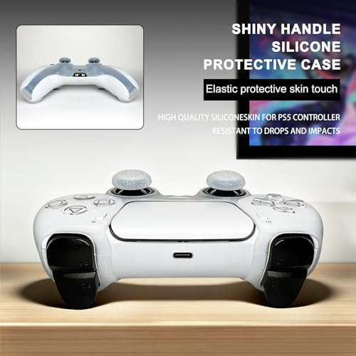 White Glitter Silicone Protective Case for PS5 Controller, Sparkly Bling Soft Cover Skins, Includes 8-in-1 Glitter Thumb Grip Caps + 2 Cat Paw Caps – Shockproof Dustproof Anti-Slip - color: White