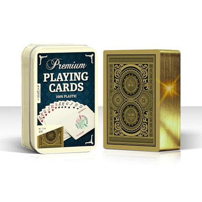 Ben Niu Bridge Size 100% Plastic Playing Cards Gold Edge Tin Box | Waterproof pvc deck, mechanical gear pattern, larger index readability, sturdy metal container, fully washable material - color: Gold Foil Bridge With Box