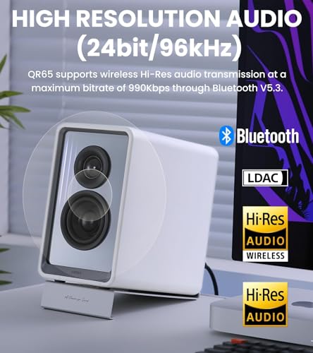 Edifier QR65 Desktop Active Monitor with 2.75" Long-Throw Aluminum Diaphragm mid-Low Drivers, Hi-Res Audio, Brilliant Light Effects, 70W Output Power Bluetooth Speakers with Stands - White - color: White