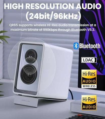Edifier QR65 Desktop Active Monitor with 2.75" Long-Throw Aluminum Diaphragm mid-Low Drivers, Hi-Res Audio, Brilliant Light Effects, 70W Output Power Bluetooth Speakers with Stands - White - color: White
