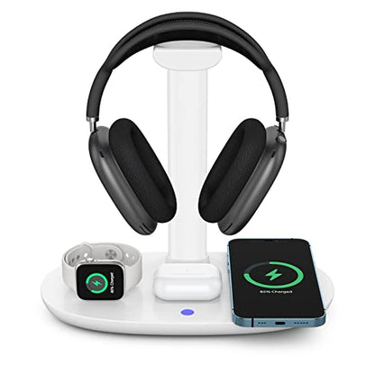 Headphone Stand with 15w Wireless Charger, Suguder 4 in 1 Charging Station Headset Holder for AirPods Max/Pro/4/3/2 iWatch 10/9/8/7/6/5/4/3/2/1/SE iPhone 17/16/15/14/13/12/11/X for Desktop Table Game | 4 in 1 15w Charging Station Headset Holder for AirPod