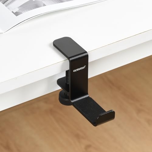 aceyoon Under Desk Headphone Hanger, Aluminum Headphone Stand,Headset Holder Space-Saving for Bag/Backpack/GamingHeadphone, Black - color: black