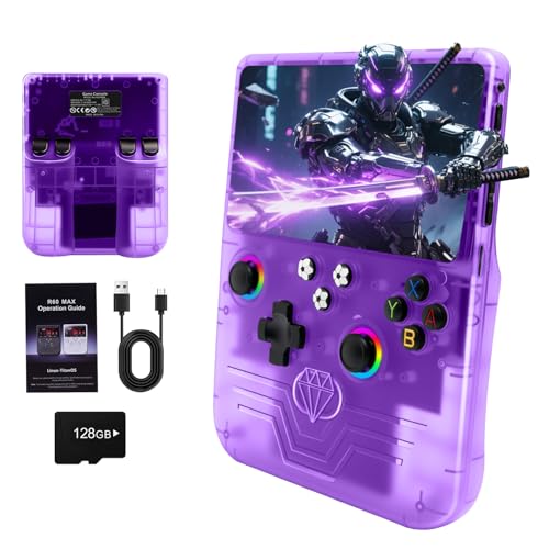 R60 Max Handheld Game Console, 128GB Retro Gaming Console with 40000+ Games, 6-Inch IPS Screen, Linux System, RGB Joysticks, 6000mAh Rechargeable Portable Gaming System (Transparent Purple) - color: Transparent Purple