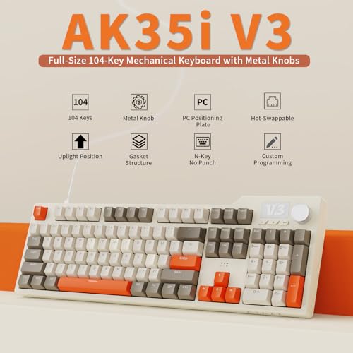 AJAZZ AK35I V3 104-Key Full Size Wired Gasket Mount Gaming Keyboard with Multimedia Buttons & Knob Control | Five Layer Pad | OEM Profile PBT Keycaps | White Backlit Custom Keyboard - color: AK35i V3 Wired Orange