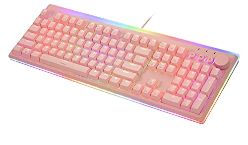 i-rocks K71M RGB Mechanical Gaming Keyboard with Media Control Knob, Switches (Brown), 107 Keys w/Full NKRO, PBT Keycaps, Multimedia Hotkeys, Detachable USB-C Cable and Onboard Storage, Pink - color: Pink, size: Switches (Brown)