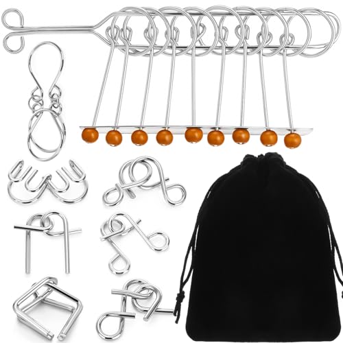 Metal Wire Puzzle Set of 8 with Pouch, Brain Teaser Puzzles IQ Test Ring Disentanglement Unlock Interlock Game Trick Metal for Party Favor Challenge (E Style) - style: E Style