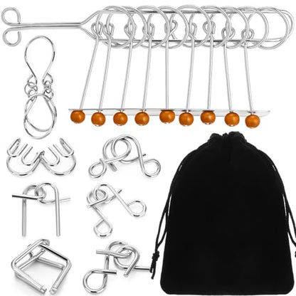 Metal Wire Puzzle Set of 8 with Pouch, Brain Teaser Puzzles IQ Test Ring Disentanglement Unlock Interlock Game Trick Metal for Party Favor Challenge (E Style) - style: E Style