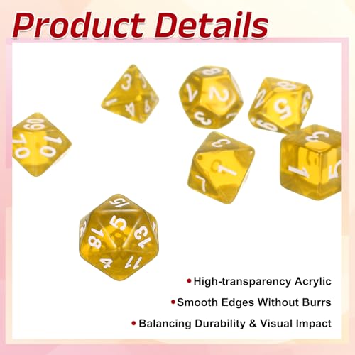 uxcell Polyhedral Dice Set, 7 Pcs Acrylic Dice for Role Playing Table Games Tabletop Gaming Accessories, Transparent Yellow - color: Transparent Yellow
