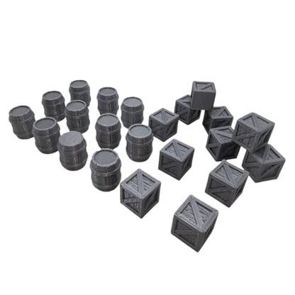 Crates and Barrels DND Terrain Compatible DND Terrain for 25mm Dungeons and Dragons, D&D,40k, RPG, 25mm MiniaturesTabletop RPGs, Wargame Scenery(12PCS Crates+11PCS Barrels)