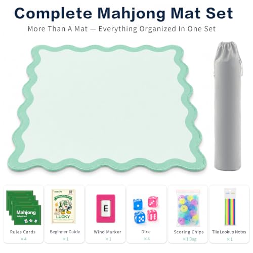 Complete Mahjong Mat Set, 32.4"x32.4" Green Scalloped Edge Table Cover, Non-Slip & Noise Reduction Gaming Mat with Carrying Bag, Rules, Chips, Wind Marker for Poker & Board Games - color: Green-set