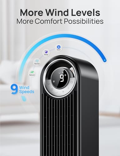 DREO Tower Fan for Bedroom, Upgraded DC 28ft/s Velocity, 20dB Quiet Fan | 9 Speeds Standing Fan, 90° Oscillating Cooling Fan, 4 Modes, 12H Timer, Bladeless Fan Powerful for Home, Black - color: Black