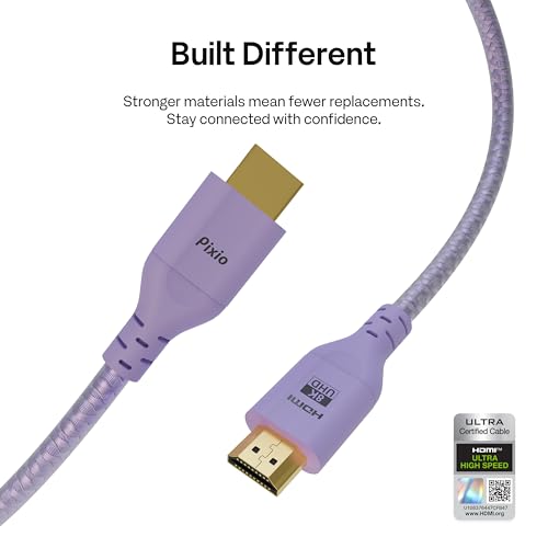 Pixio Purple 8K HDMI 2.1 Cable Ultra Certified Ultra High Speed 6FT 8K 60Hz 4K 120Hz Nylon Braided, Gold Plated Connector, Anti-Breakage, HDR10+, dtsx, eARC, HDCP, Dolby Compatible - color: Purple, size: 6 ft